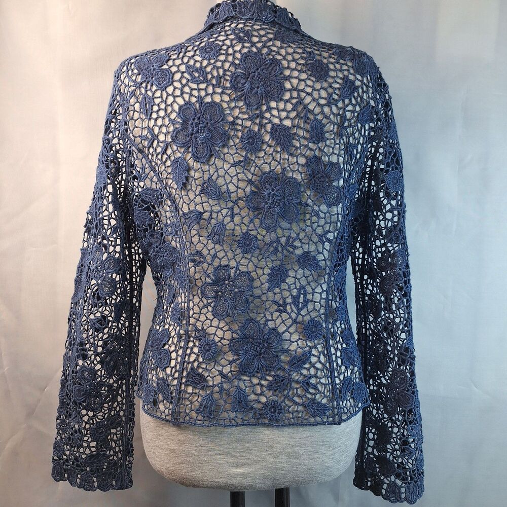 Lafei-nier Boho Floral Crochet Lace Jacket Cardigan Top Denim Color Rhinestones - Picture 3 of 9
